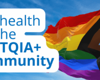 This image shows a pride flag with text that shows the benefits of telehealth for the LGBTQIA+ community.